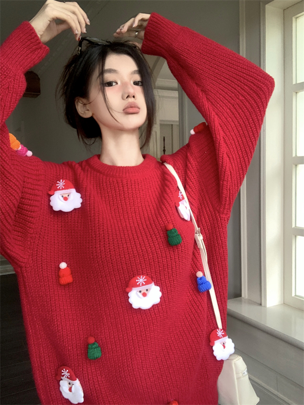 聖誕老人紅色毛衣女套頭秋冬新年過年可愛卡通軟糯針織衫打底上衣