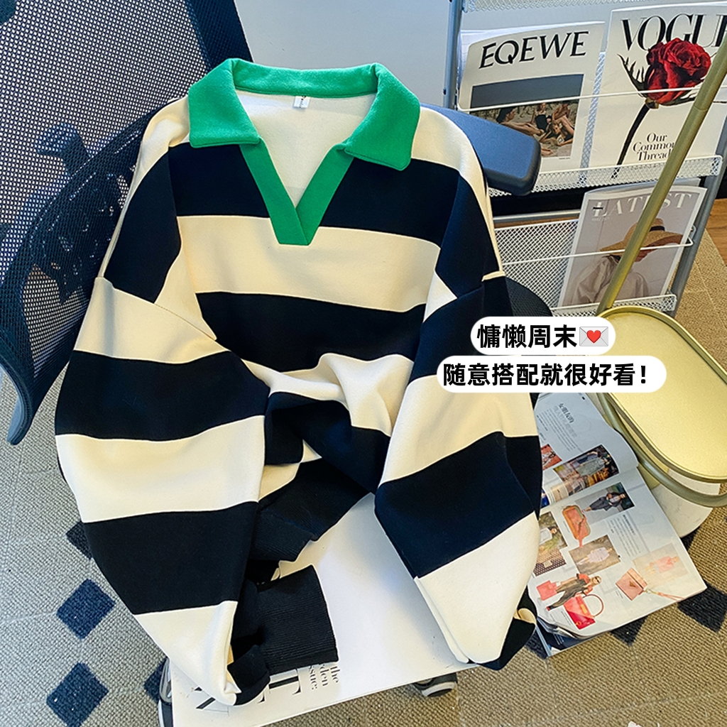 實拍  大魚鱗 秋裝衛衣女polo領條紋衛衣女復古