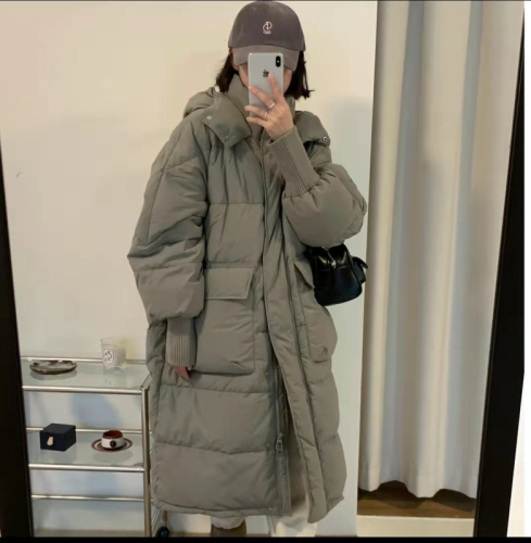 Korean style down jacket for small men, mid-length down jacket, hooded loose white duck down jacket for women over the knee