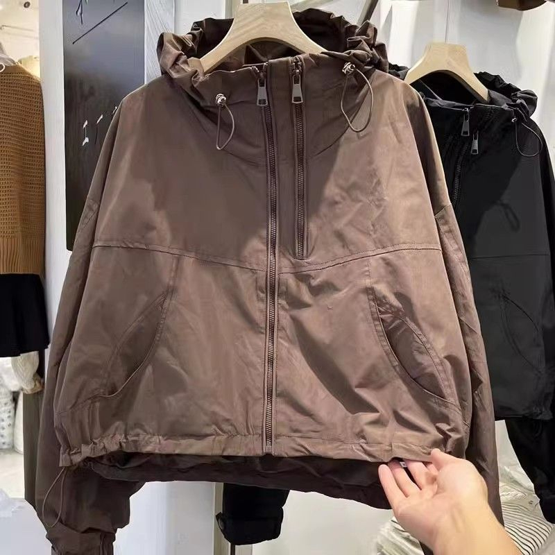 Short windproof hooded jacket for women spring and autumn solid color jacket women's American versatile workwear top