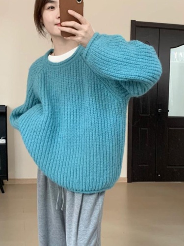 Lazy style curly edge thick wool sweater 2023 autumn and winter new style women's loose and slim Korean style round neck top sweater