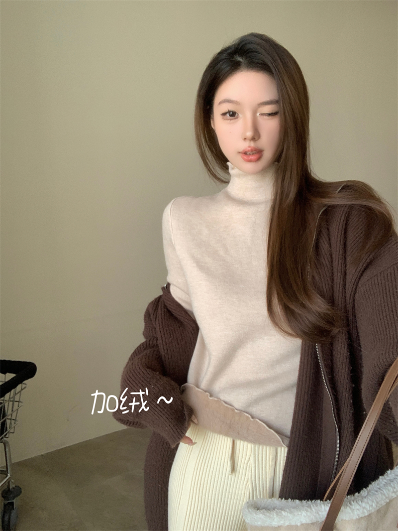 實拍 冬季木耳邊一體水貂絨半高領百搭顯瘦加絨加厚打底上衣