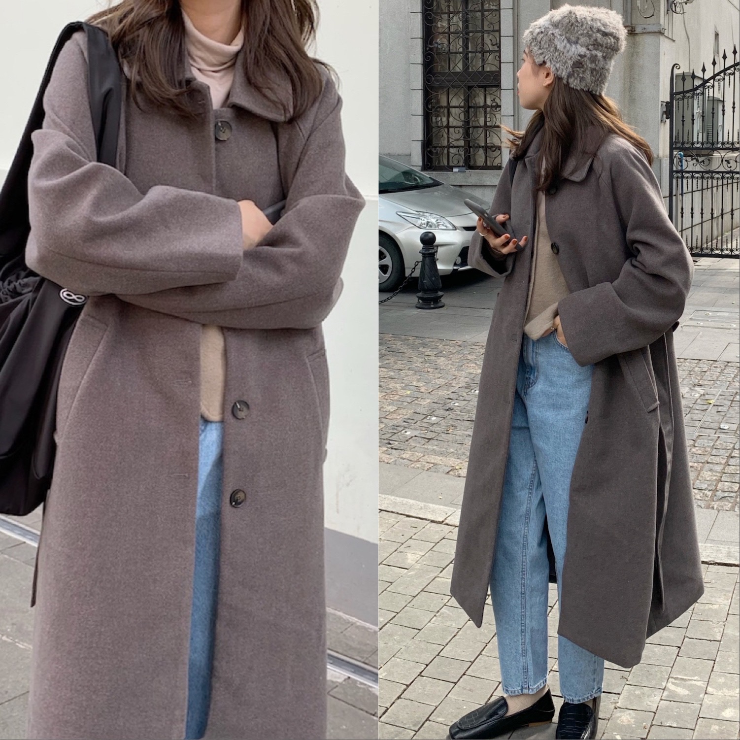 Actual shot, versatile autumn and winter single-breasted mid-length woolen coat, warm woolen coat