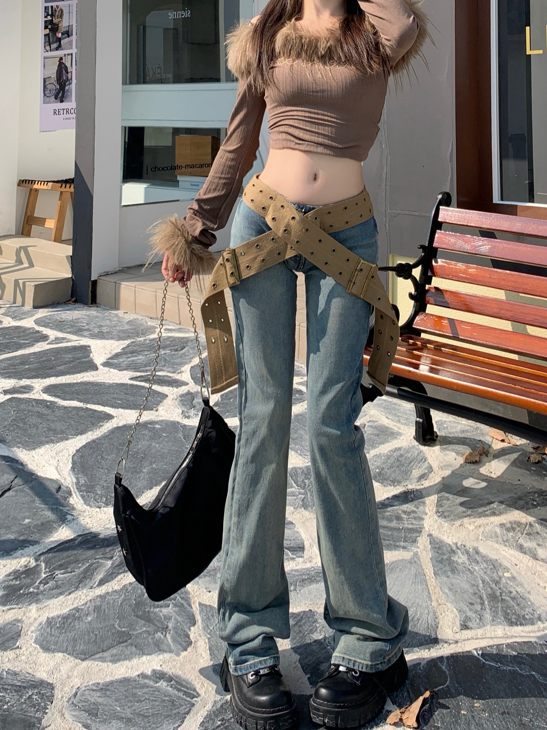 實拍！微喇叭牛仔褲女設計感褲子中腰直筒長褲拖地褲闊腿褲子