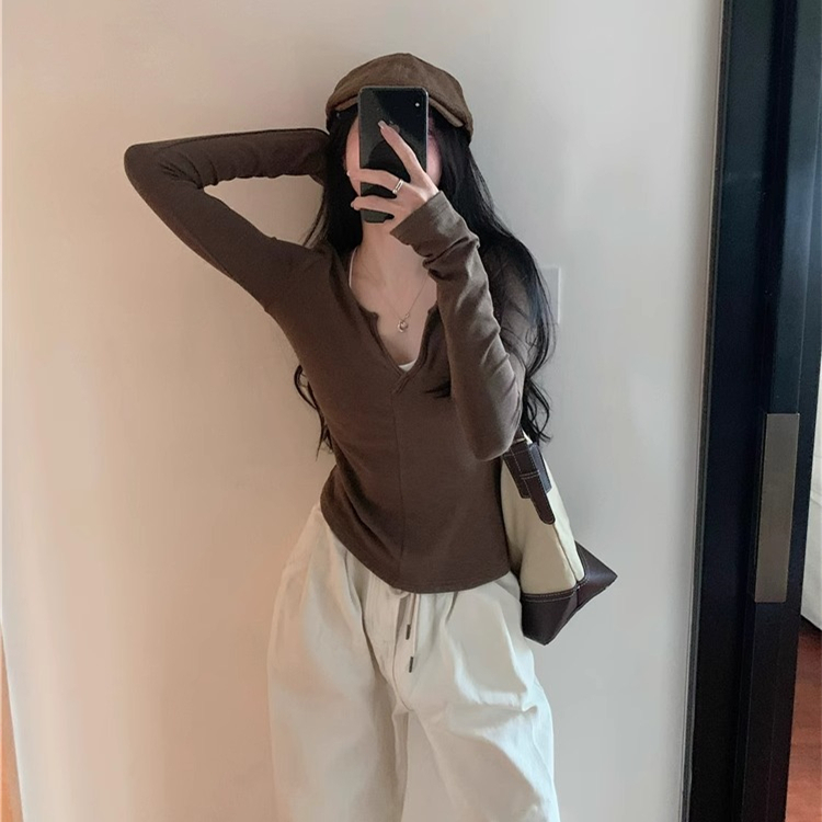 Tmall quality original workmanship gentle temperament V-neck slim bottoming shirt for women 2023 long-sleeved T-shirt top
