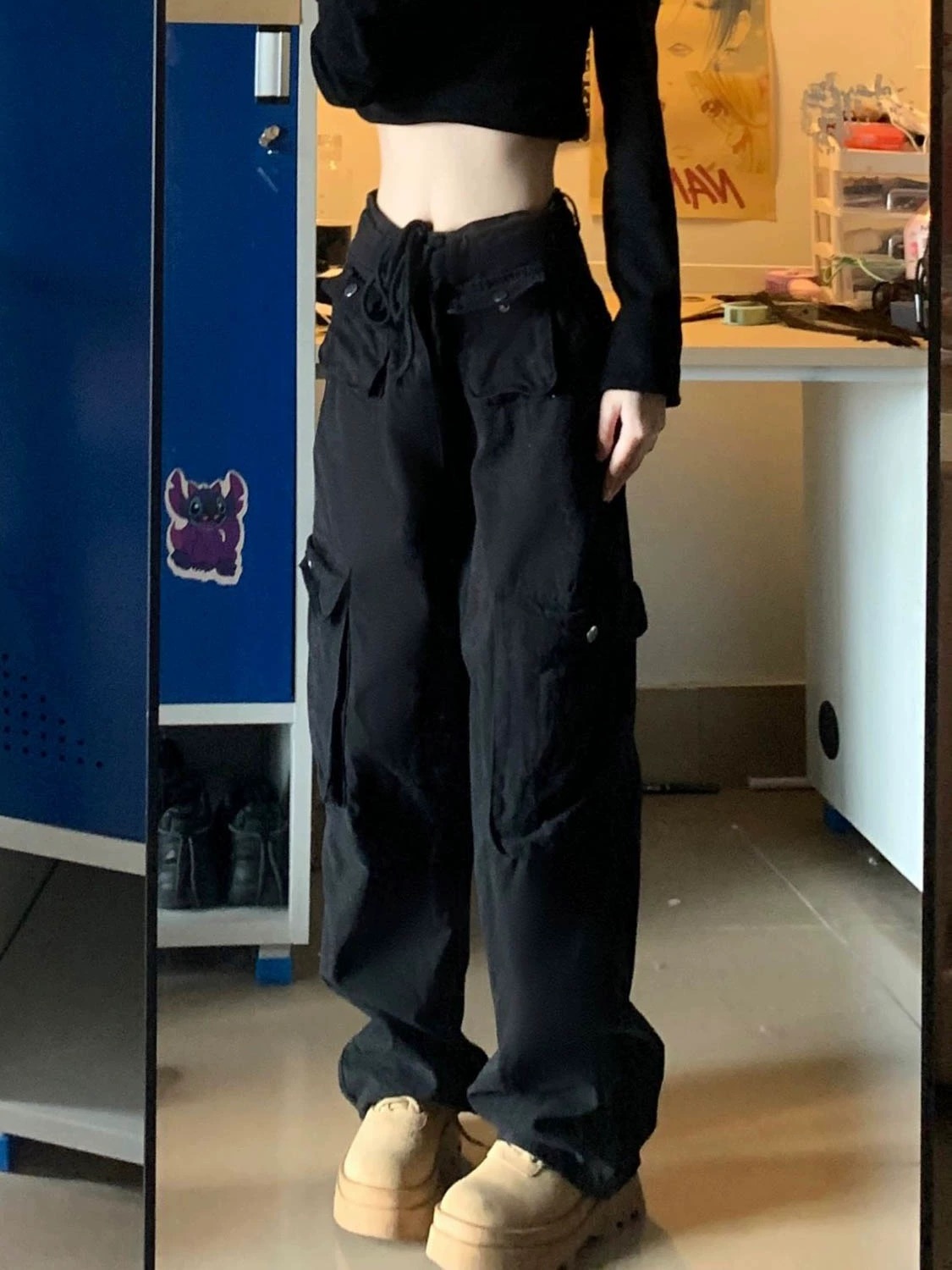 黑色高腰顯瘦工裝牛仔褲女秋季美式復古百搭直筒長褲寬鬆闊腿褲子