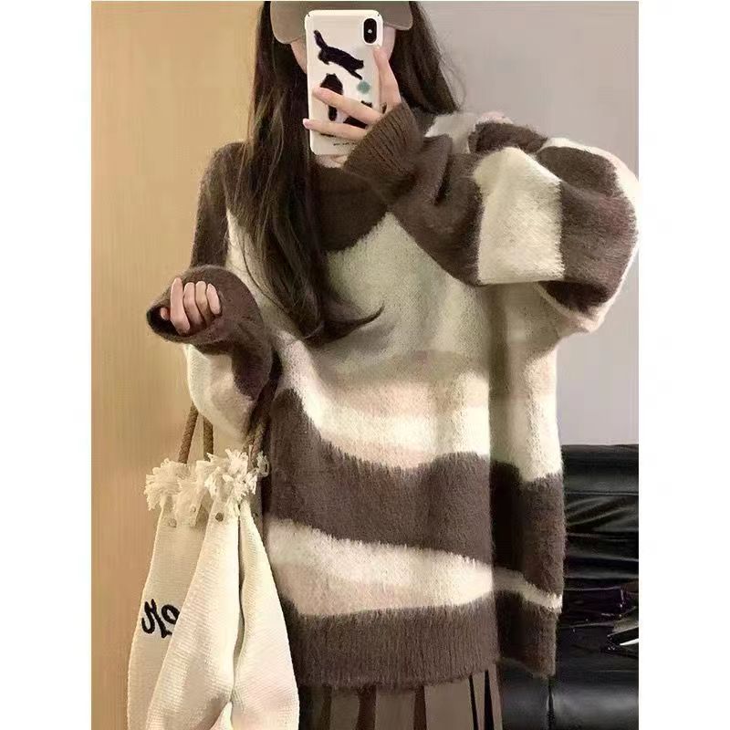 bm毛衣女款2023新款秋冬季撞色條紋毛衣女慵懶風寬鬆長袖針織上衣