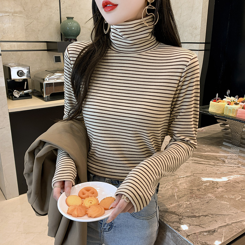 實拍 春秋新款寬鬆雙面德絨堆堆領條紋加厚長袖打底衫T恤女