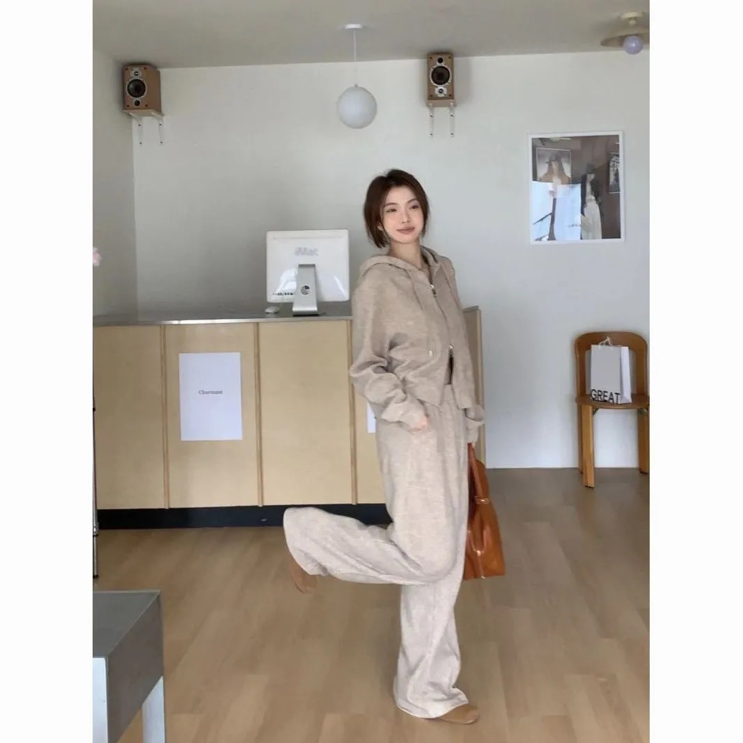 軟糯休閒運動服套裝女秋冬季寬鬆開衫衛衣外套闊腿長褲兩件套