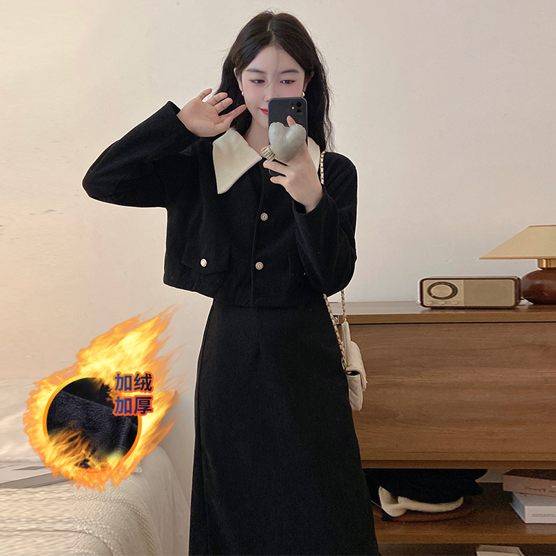 實拍｜兩件套｜燈芯絨加絨大碼小香風氣質翻領外套+高腰半身裙女