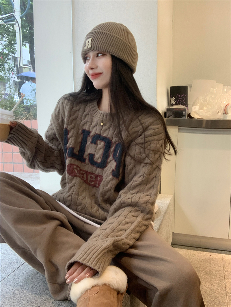 美式復古字母麻花毛衣女春秋2023年新款寬鬆慵懶風針織衫長袖上衣