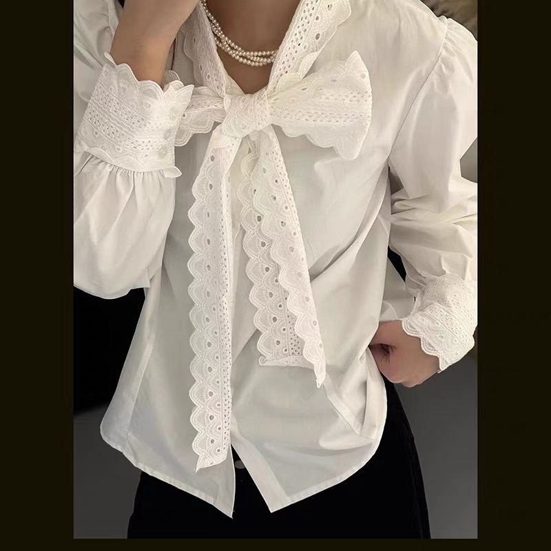 甜美百搭蕾絲白色襯衫女秋季2023新款別致寬鬆顯瘦蝴蝶結長袖上衣