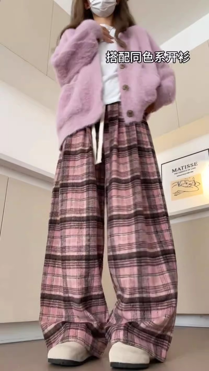 薄款原版格子複合牛奶絲厚款複合銀狐絨 粉色格子褲女