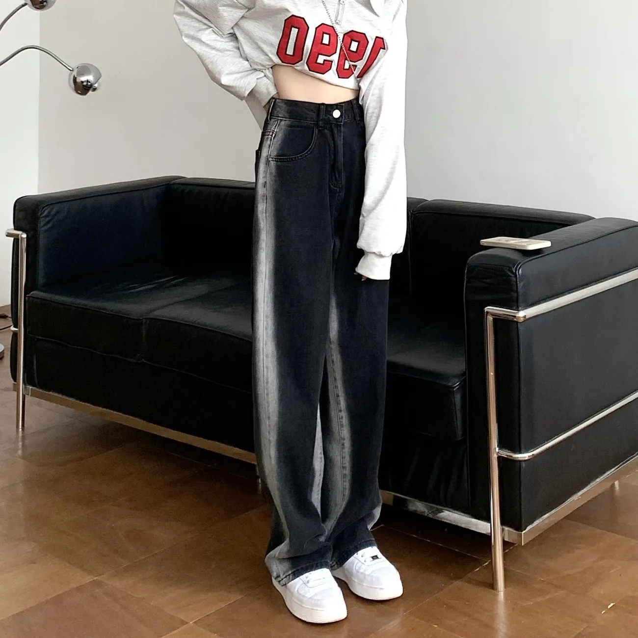 黑色漸變直筒牛仔褲女高腰大碼胖mm寬鬆顯瘦設計感小眾闊腿褲