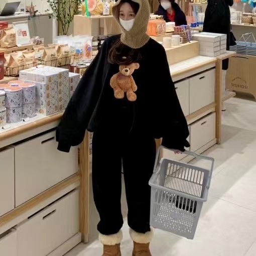 韓國小熊印花時尚套裝女秋冬新款加絨衛衣休閒運動束腳衛褲兩件套