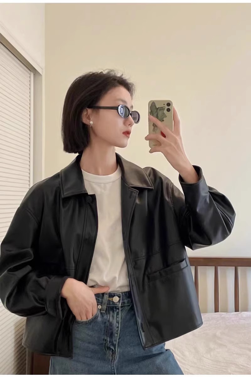 Black short pu leather jacket women's jacket 2023 new Hong Kong style design American high-end small man