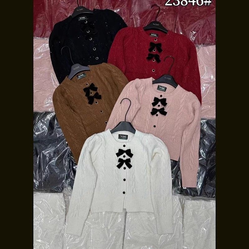2023冬季新年紅圓領蝴蝶結亮片氣質小香風開衫毛衣女蝴蝶結針織衫