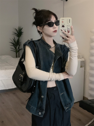 Real shot of autumn loose and small design denim vest jacket mid-length handsome and cool tops for women