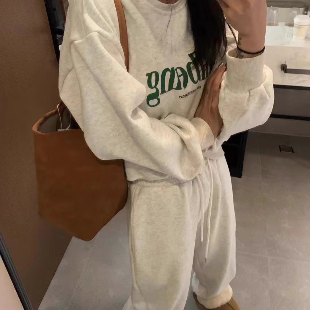 休閒衛衣套裝女2023秋冬季加厚炸街高級感顯瘦上衣寬鬆衛褲兩件套