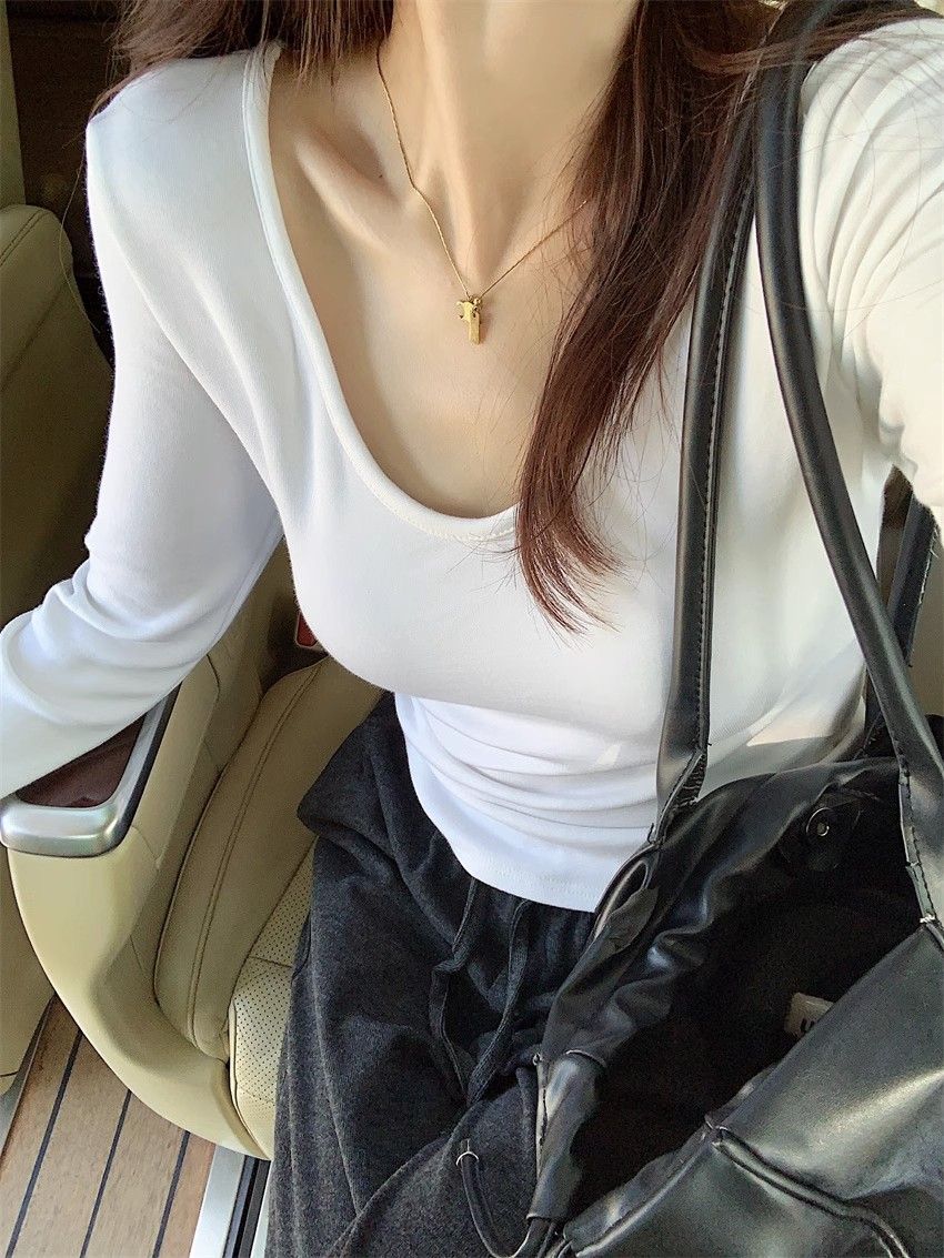 U-neck long-sleeved bottoming shirt for women in autumn Korean version 2023 new style pure lust style slimming solid color inner T-shirt top