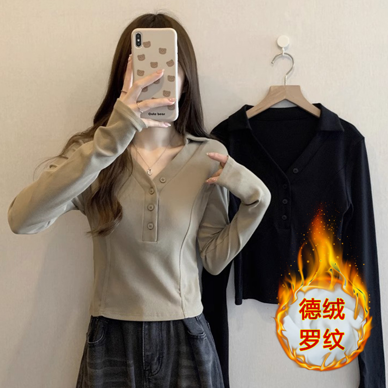 Official photo of the new autumn and winter long-sleeved T-shirt, slim fishbone short style, slim V-neck bottoming warm top