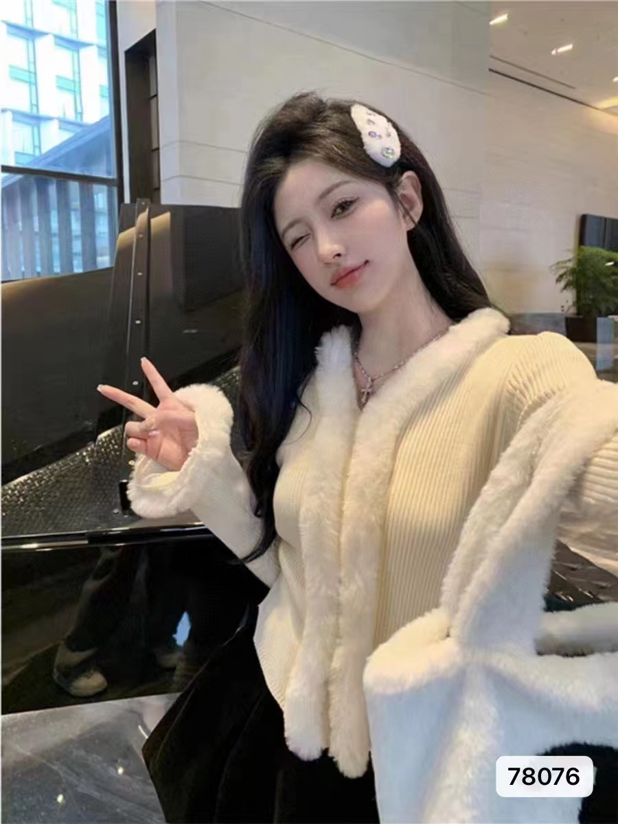 毛邊喇叭袖v領針織開衫女秋冬季法式甜美溫柔不規則修身長袖毛衣