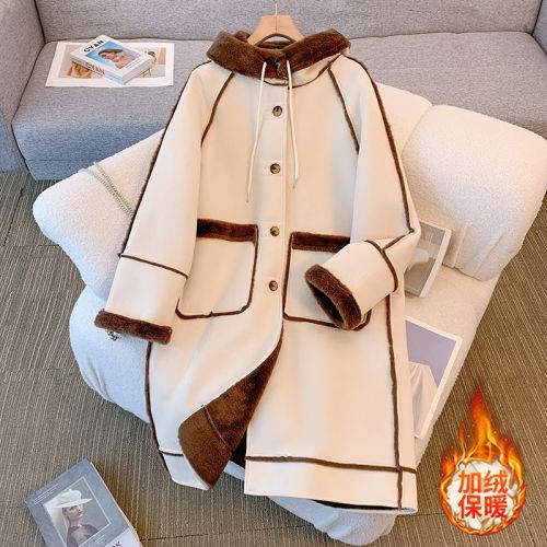 Suede hooded fur lamb fur one-piece coat for women winter 2023 autumn and winter high-end cotton coat