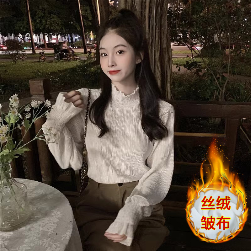 官圖 氣質仙女半高領打底衫女秋冬新款內搭設計感金絲絨上衣