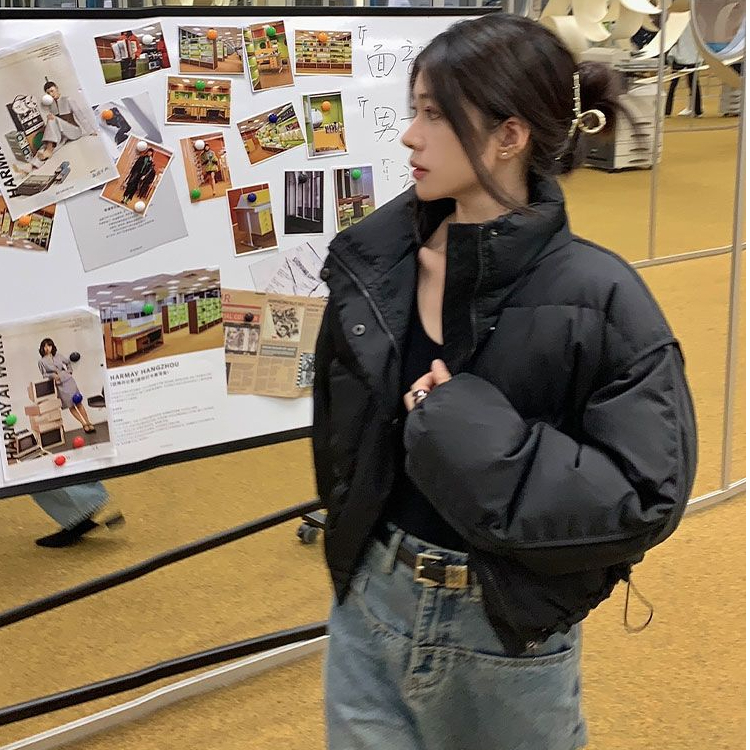 New short style street high waist thickened stand collar hem drawstring 2023 fashionable cotton clothing women's winter trend
