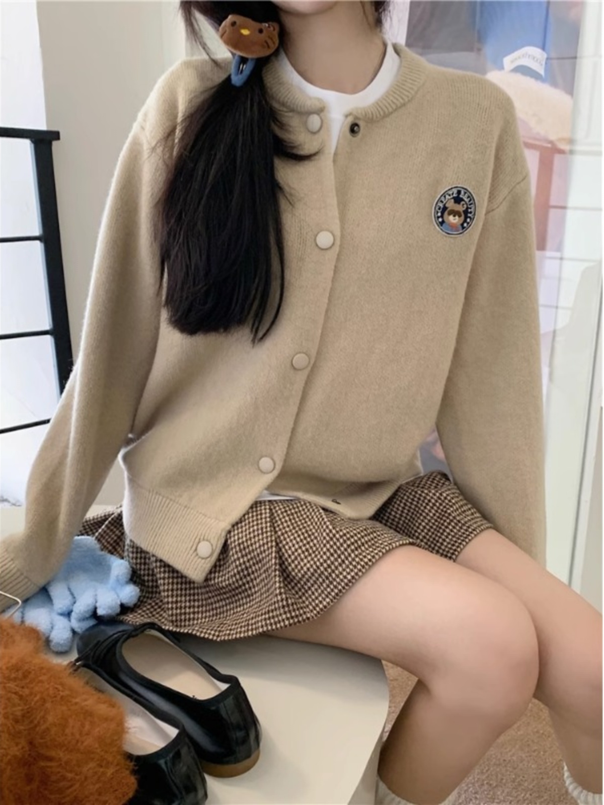 PPHOME欲美甜咖~軟糯小熊刺繡毛衣外套秋季圓領寬鬆外搭針織開衫