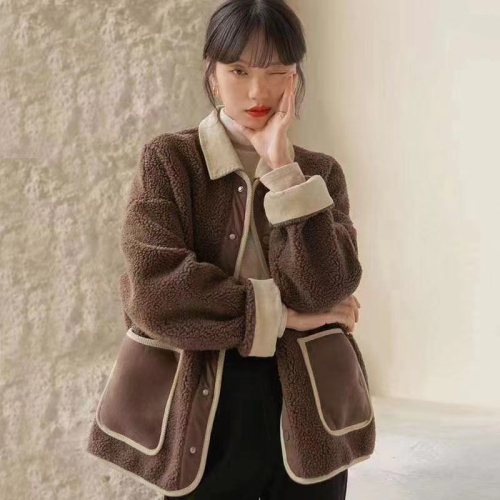 Teddy Composite Beibei Velvet Lapel Contrast Color Stitching Thickened Jacket Women's New Fashion Versatile Warm Jacket