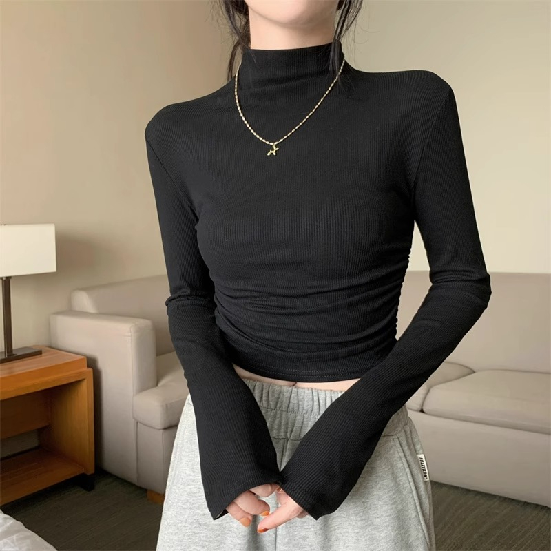 1X1磨毛 半高領打底衫新款女秋冬季內搭上衣修身褶皺辣妹長袖T恤
