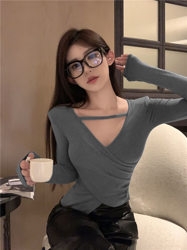 40 counts Modal 260g rayon pure lust cross v-neck long-sleeved T-shirt sexy short irregular top