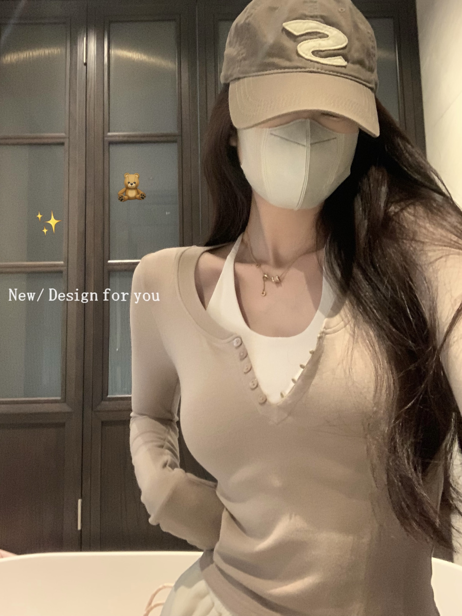 實拍~ 撞色假兩件t修身套頭長袖內搭上衣女