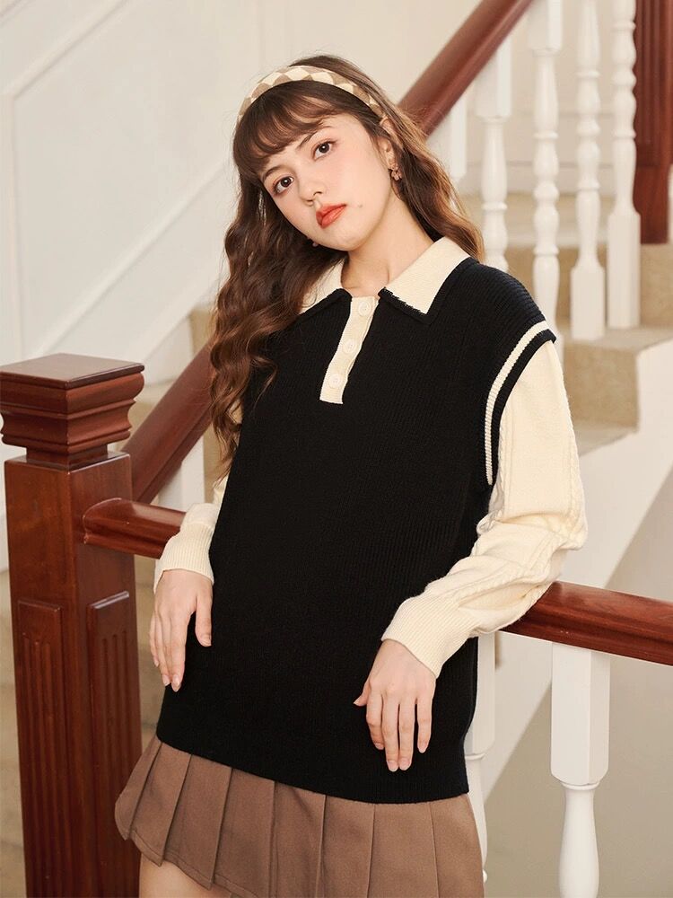 假兩件毛衣女韓系慵懶風秋冬設計感小眾寬鬆小個子春秋polo領套頭