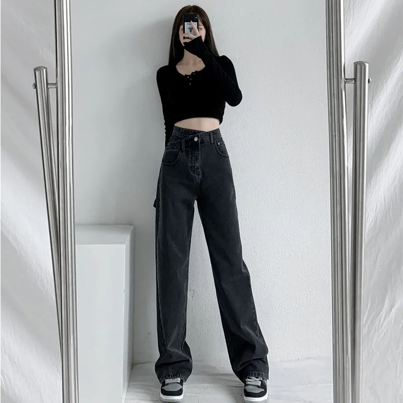 Black and gray wide-leg jeans for women spring and autumn 2023 new loose high-waisted straight floor-length mopping design pants