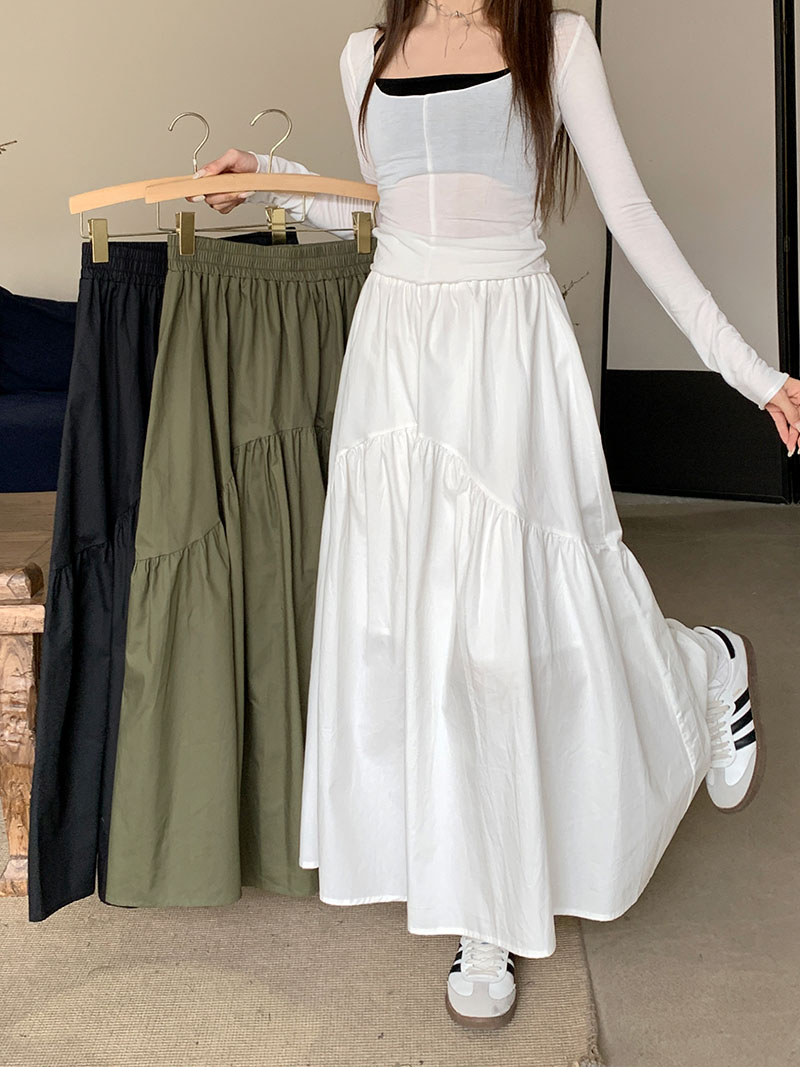 Actual shot ~ 2023 new autumn Korean style elastic waist fashionable design pleated stitching long skirt for women