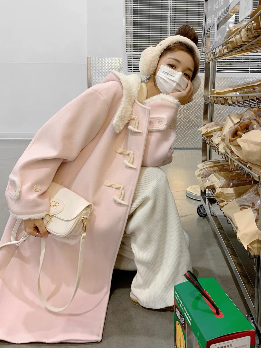Cuffs, hat pockets, sherpa pink long woolen coat for women, 2023 autumn and winter new coat