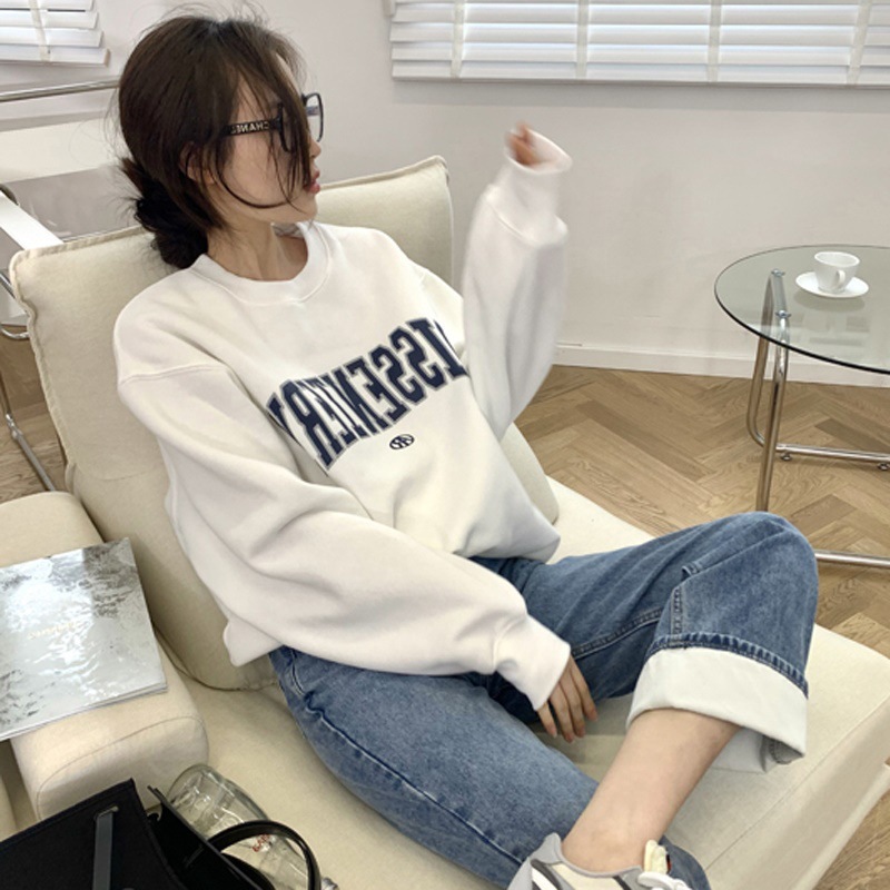 W薄款衛衣女 新款韓版圓領字母印花寬鬆學生上衣