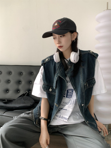 Real shot of autumn loose and small design denim vest jacket mid-length handsome and cool tops for women