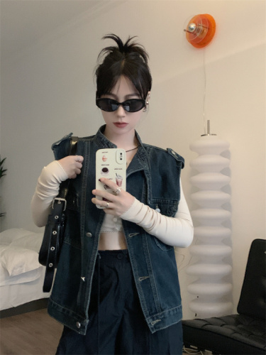 Real shot of autumn loose and small design denim vest jacket mid-length handsome and cool tops for women