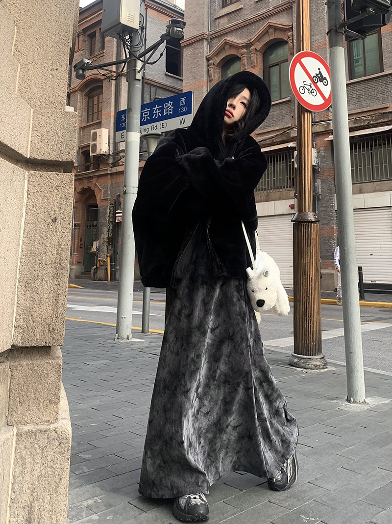 實拍 煙灰色絨感扎染半身裙冬款鬆緊腰顯瘦長裙百搭休閒A字裙