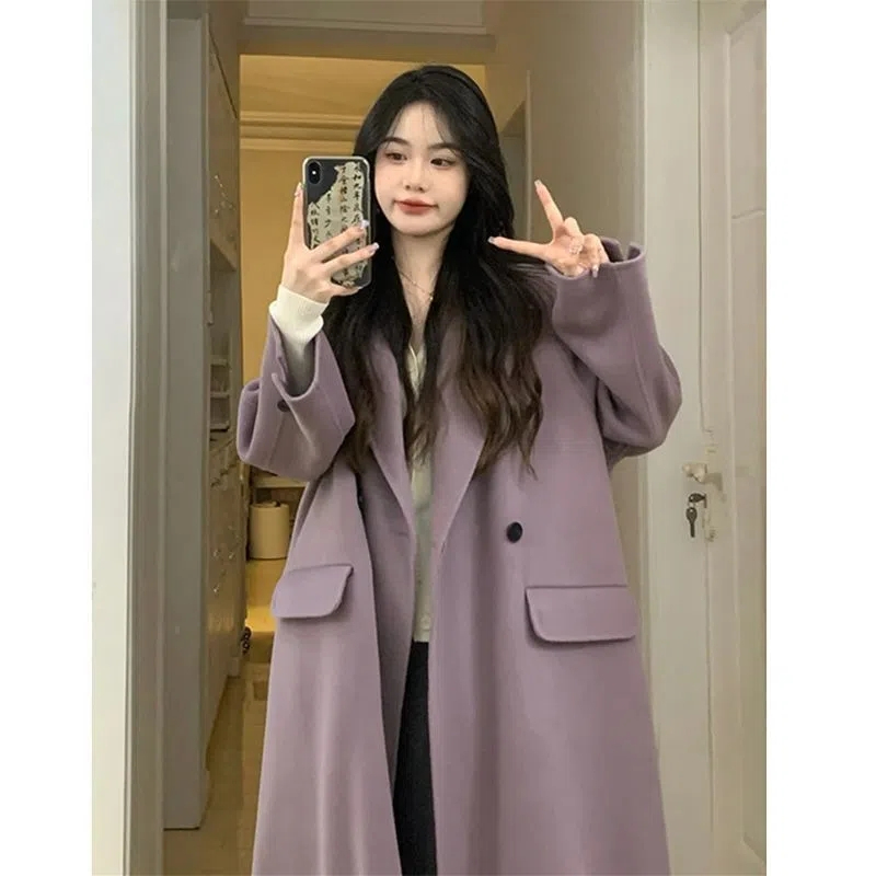 Hepburn style small high-end mid-length woolen 2023 autumn and winter new purple coat for women