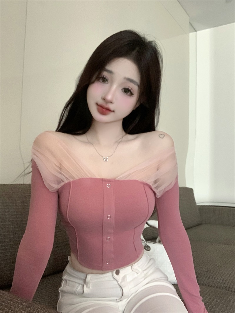 Real shot of Rose Lovers two-wear neckline, fake placket, spliced ​​mesh slim fit short bottoming top
