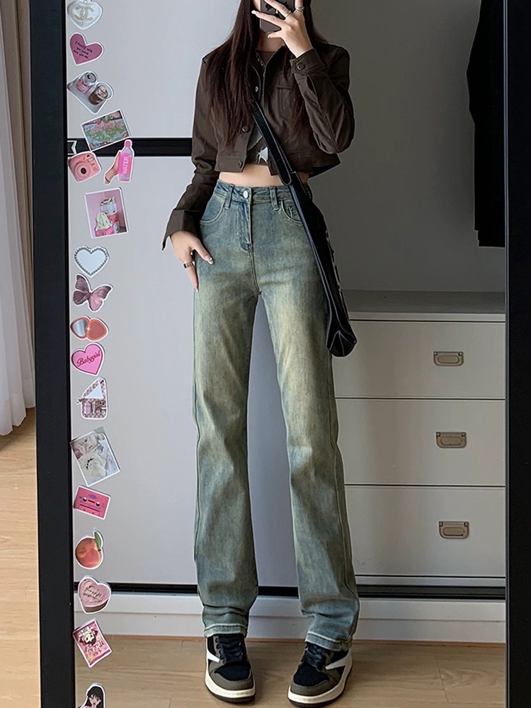 復古直筒牛仔褲女秋冬2023年新款美式高腰小個子窄版闊腿褲子秋季