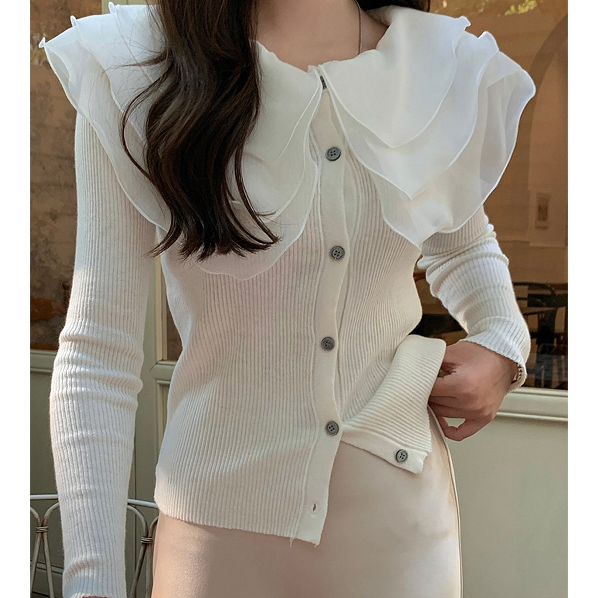 Quality Inspection Official Photo Gentle Wind Lotus Leaf Collar Knitted Cardigan Women's New Autumn and Winter Slim Fit Long Sleeve Top