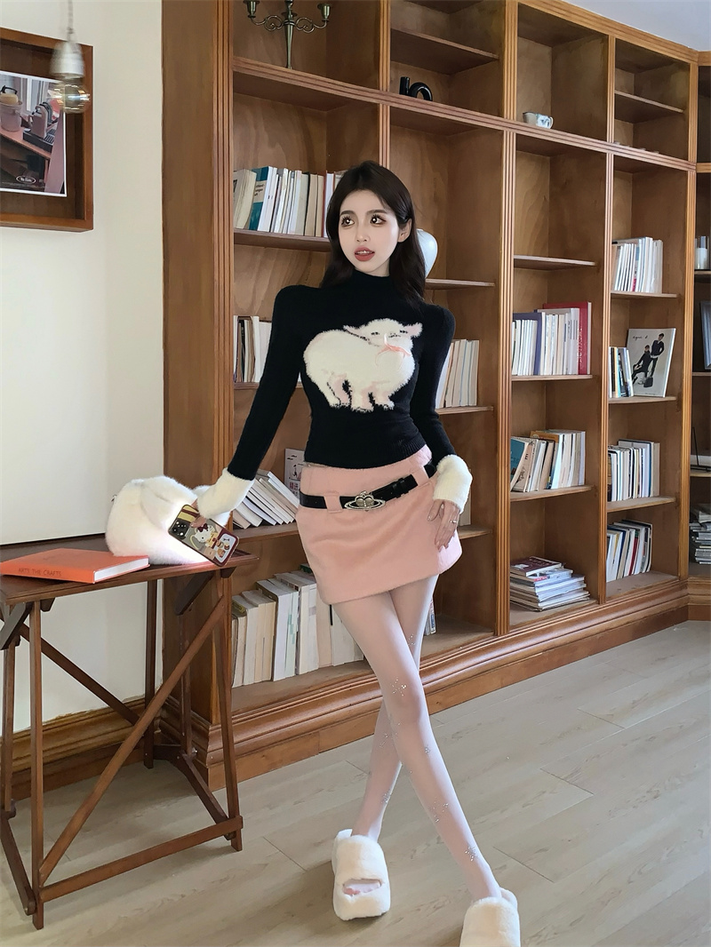 實拍 羊咩芭比黑色慵懶毛衣套裝女粉色高腰毛呢半身裙兩件套