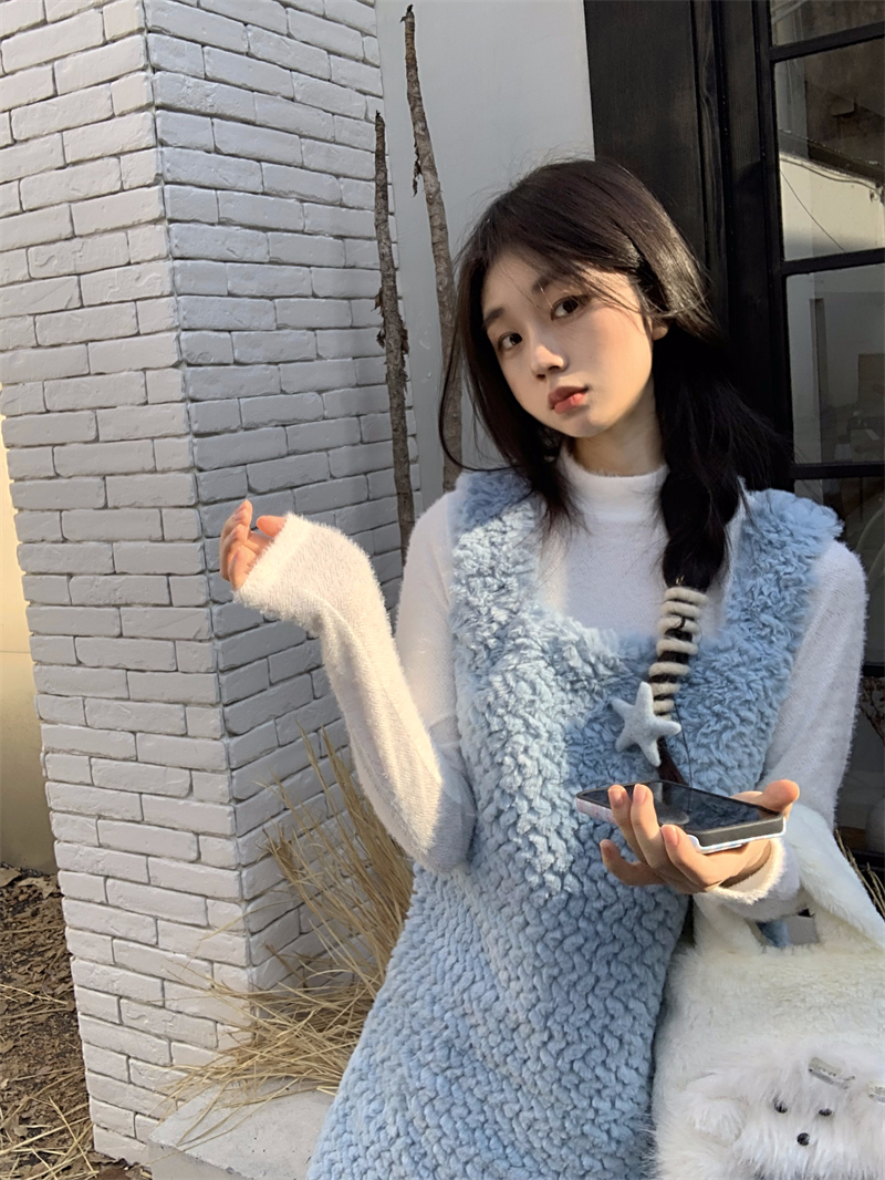 實拍 甜美兩件套軟糯背心連衣裙+純色內搭