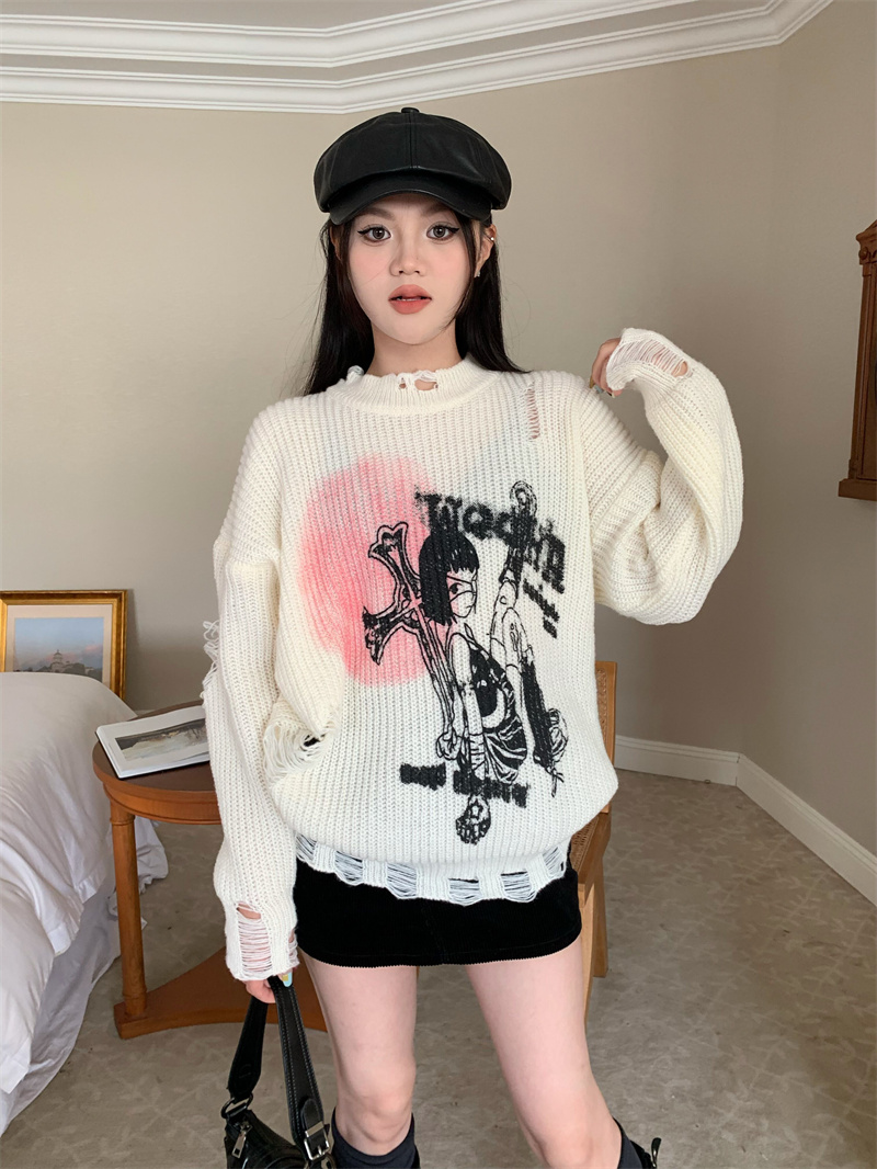 上衣女復古動漫印花寬鬆版上衣女寬鬆慵懶風破洞白色針織毛衣