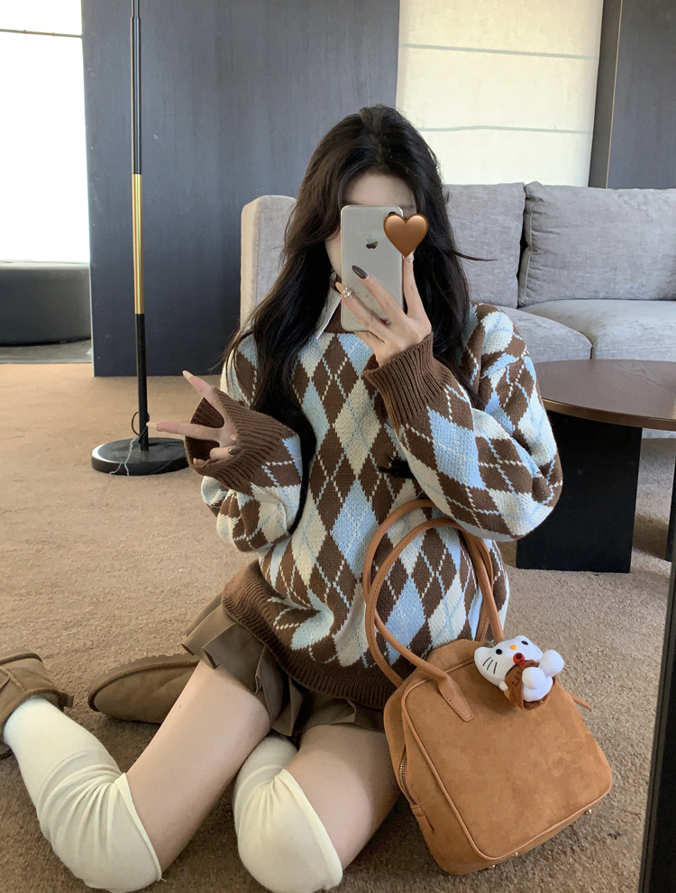 實拍 菱格復古圓領套頭毛衣厚實撞色時髦上衣